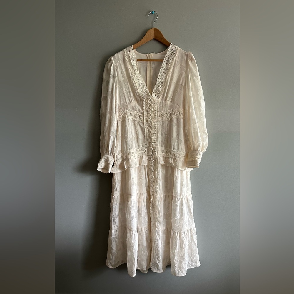 Boho Lace-Detail Cream Midi Dress